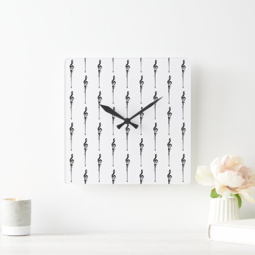 Music Motif Melting Treble Clef Black and White Square Wall Clock