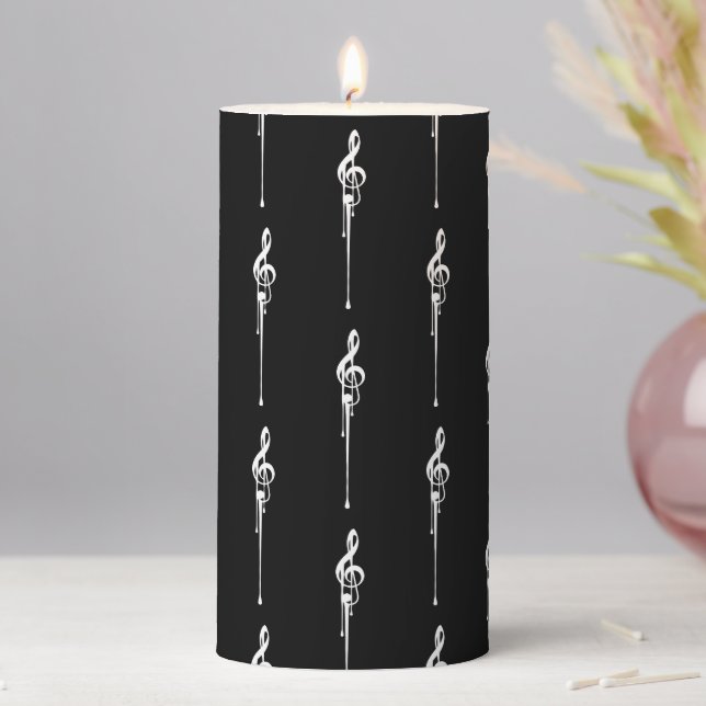 Music Motif Melting Treble Clef White and Black Pillar Candle (In Situ)