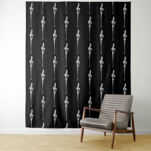 Music Motif Melting Treble Clef White and Black Tapestry
