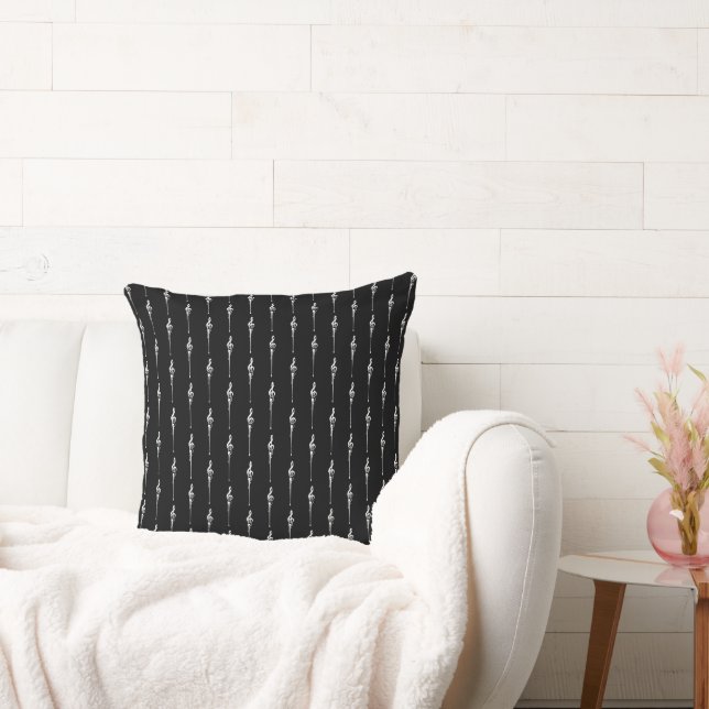 Music Motif Melting Treble Clef White and Black Throw Pillow (Couch)