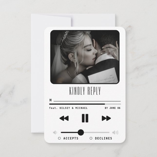 Music MP3 Player Wedding Photo White RSVP Card (Front)