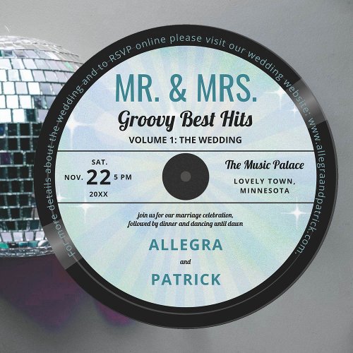 Music Mr Mrs Groovy Blue Retro Vintage Wedding Invitation