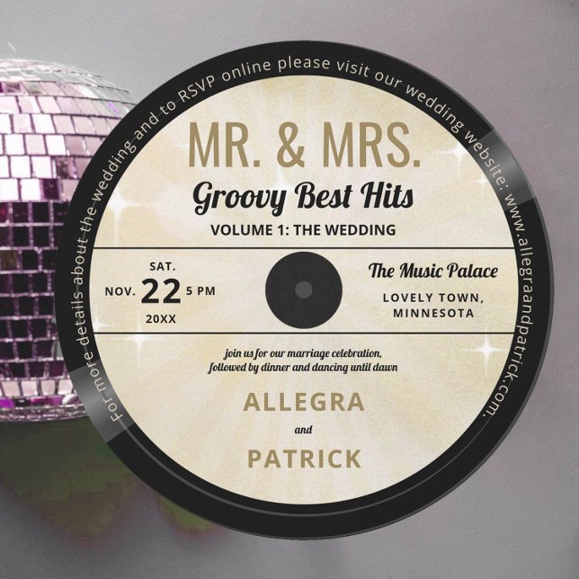 Music Mr Mrs Groovy Gold Retro Vintage Wedding Invitation (music wedding invitation vinyl record vintage retro mr mrs groovy 70s dusty yellow gold)