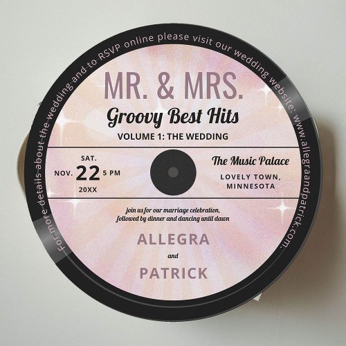 Music Mr Mrs Groovy Lilac Retro Vintage Wedding Invitation