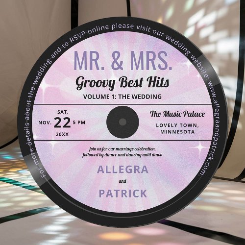 Music Mr Mrs Groovy Purple Retro Vintage Wedding Invitation