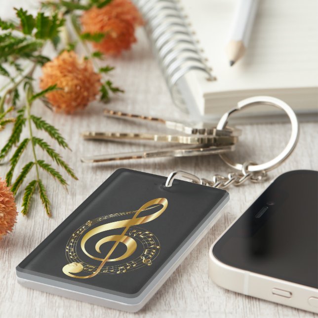 Music, music, music, treble clef in gold, keychain (Front Right)