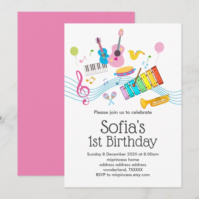 music, musical instruments drum kids singing invitation (Front/Back)