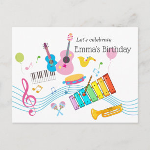 music, musical instruments drum kids singing invitation postcard