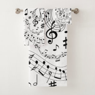 Music, Musical Notes, Black and White Bath Towel Set