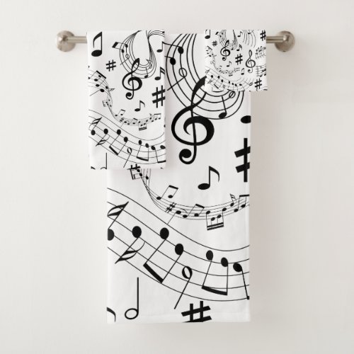 Music Musical Notes Black and White Bath Towel Set