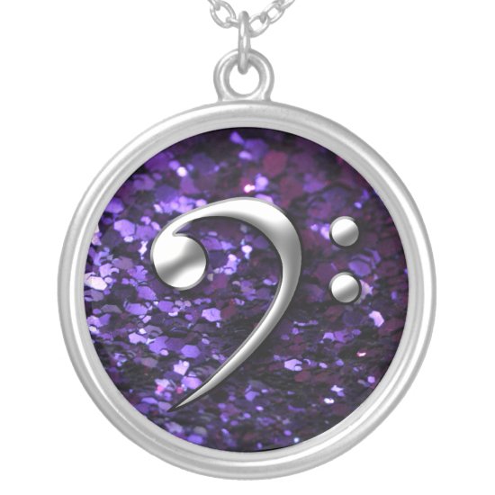 Music Necklace: Chrome Bass Clef on Purple Glitter Silver Plated Necklace