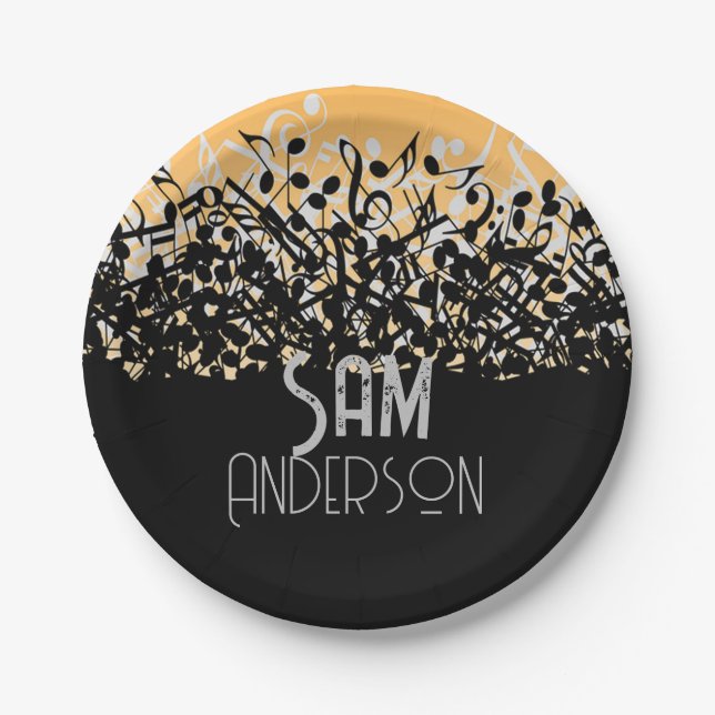 Music Note Luxury black and white Personalized Paper Plates (Front)