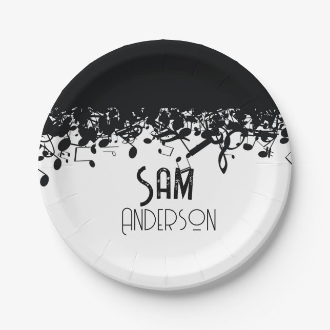 Music Note Luxury black and white Personalized Paper Plates (Front)