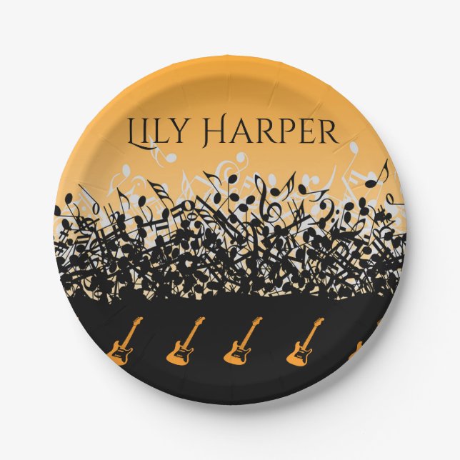 Music Note Luxury black and white Personalized Paper Plates (Front)