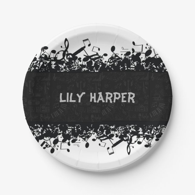 Music Note Luxury black and white Personalized Paper Plates (Front)