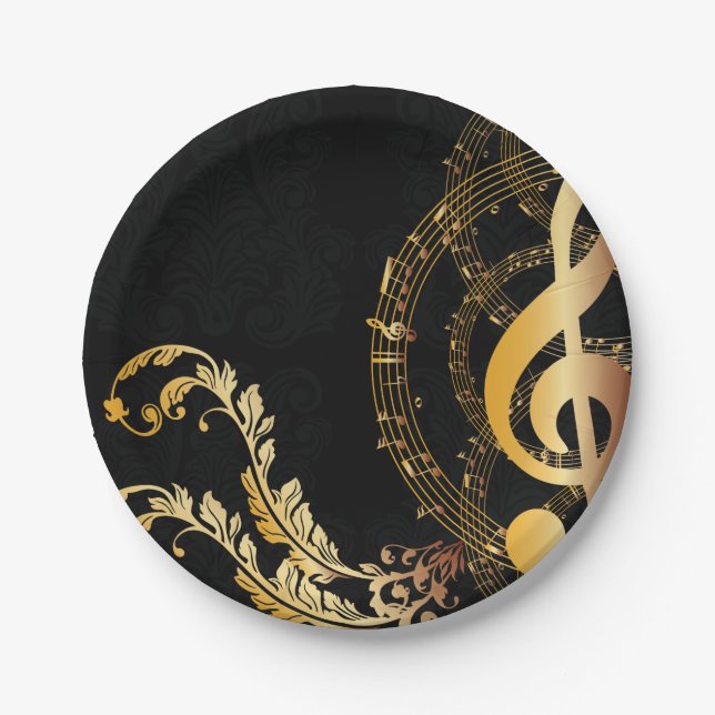 Music Note Luxury gold grey Paper Plates (Front)