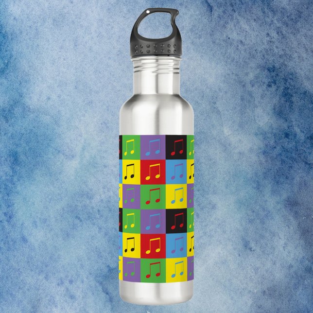 Music Note Pattern Pop Art Rainbow Stainless Steel Water Bottle (A water bottle with a colorful pop art music note pattern)
