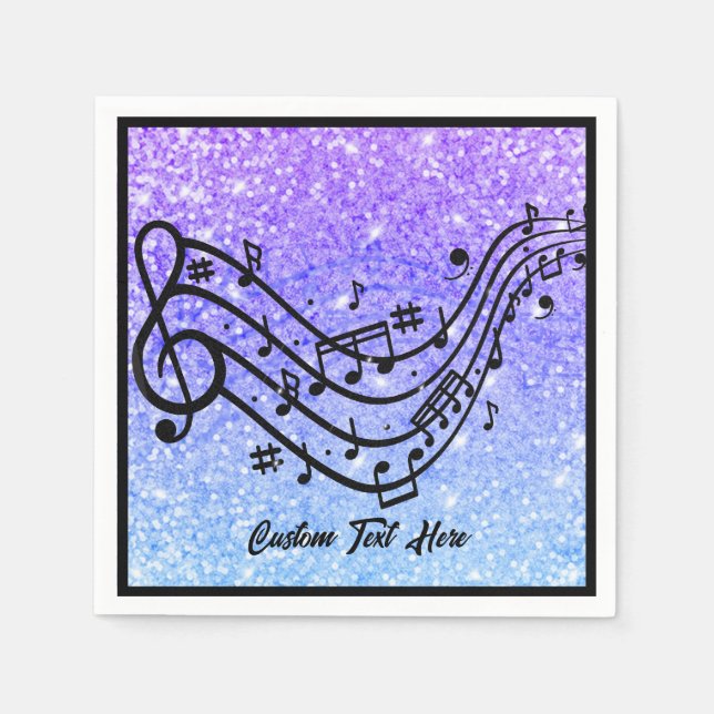 Music Note Purple Blue Glitter Sparkle Personalize Napkins (Front)