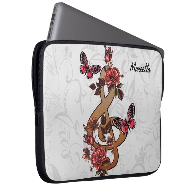 Music Note Roses and Butterflies Laptop Sleeve (Front Right)
