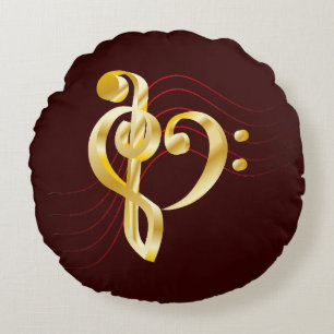 Music note stave and heart violin and bass clef round pillow