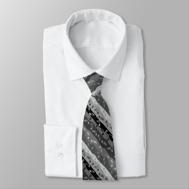Music Note Stripes Black and Gray Neck Tie (Tied)