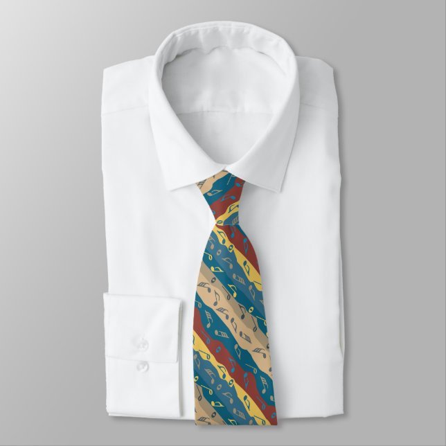 Music Note Stripes Blues and Browns Neck Tie (Tied)