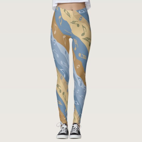 Music Note Stripes Brown And Blue Ornament Leggings