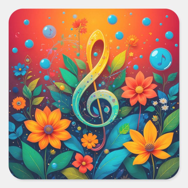Music Note Surrounded by Flowers Music Lover Decal Square Sticker (Front)