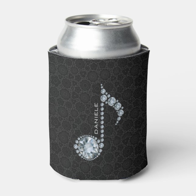 Music Note White Diamonds Over Black Can Cooler (Can Front)