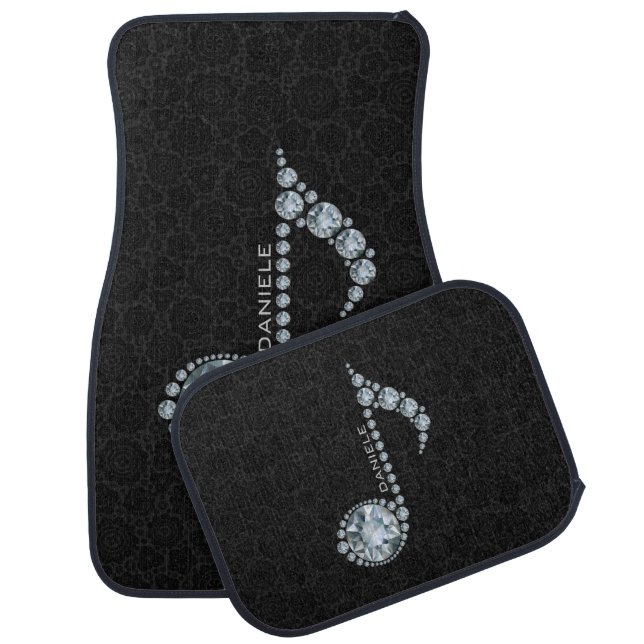 Music Note White Diamonds Over Black Car Floor Mat (Set)