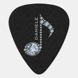 Music Note White Diamonds Over Black Guitar Pick