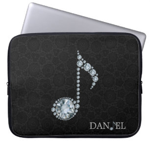 Music Note White Diamonds Over Black Laptop Sleeve