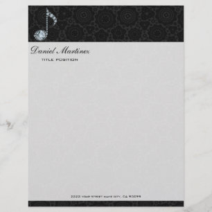 Music Note White Diamonds Over Black Letterhead