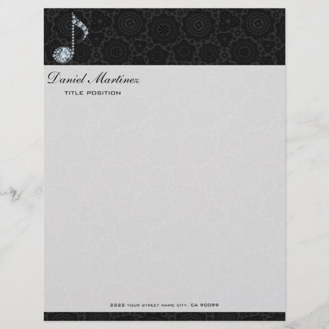 Music Note White Diamonds Over Black Letterhead (Front)