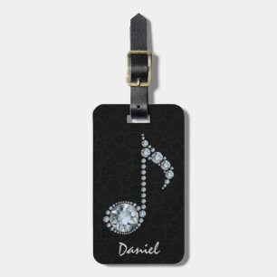 Music Note White Diamonds Over Black Luggage Tag