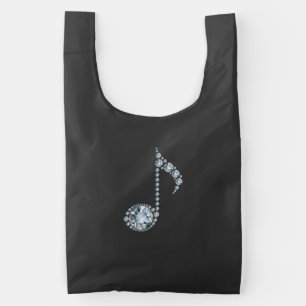 Music Note White Diamonds Over Black Reusable Bag