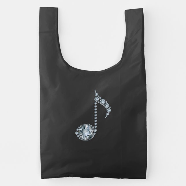 Music Note White Diamonds Over Black Reusable Bag (Front)