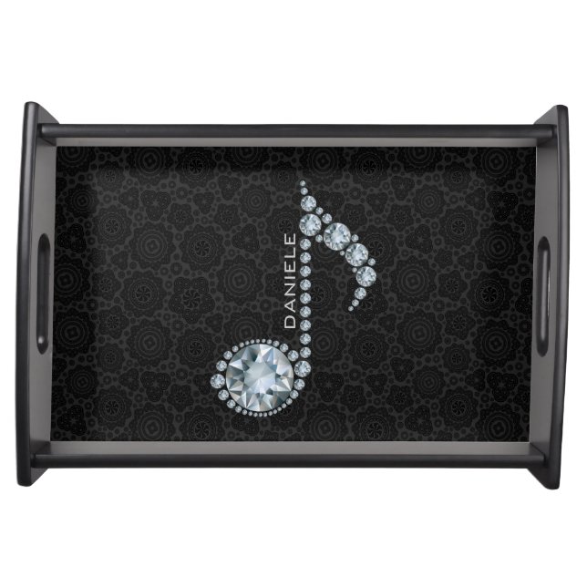 Music Note White Diamonds Over Black Serving Tray (Front)
