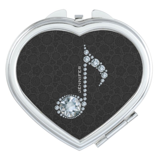 Music Note White Diamonds Over Black Vanity Mirror (Front)