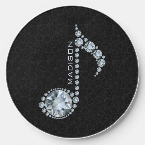 Music Note White Diamonds Over Black Wireless Charger