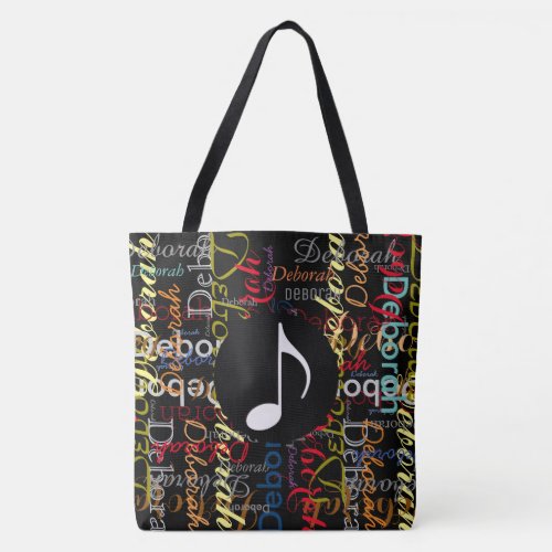 music note with a pattern of colorful names on blk tote bag