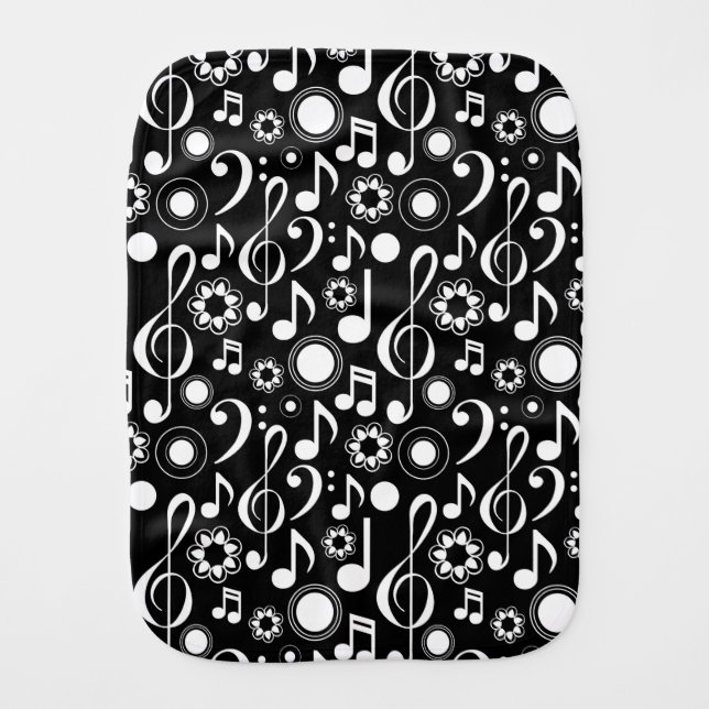 Music Notes and Clefs - White on Black Burp Cloth (Front)