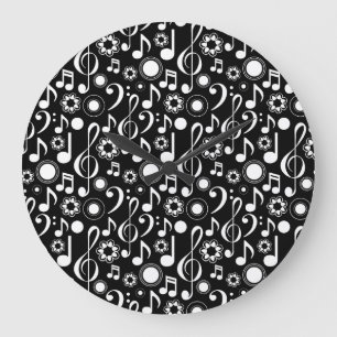Music Notes and Clefs - White on Black Large Clock