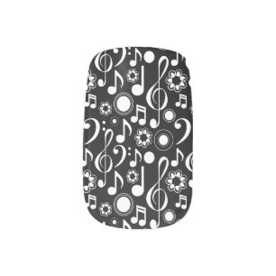 Music Notes and Clefs - White on Black Minx Nail Art