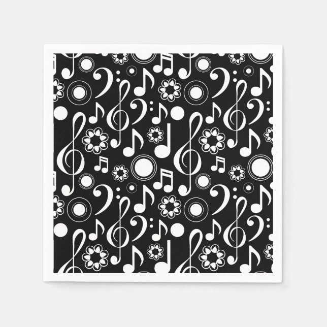 Music Notes and Clefs - White on Black Napkins (Front)