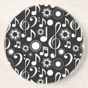 Music Notes and Clefs - White on Black Sandstone Coaster