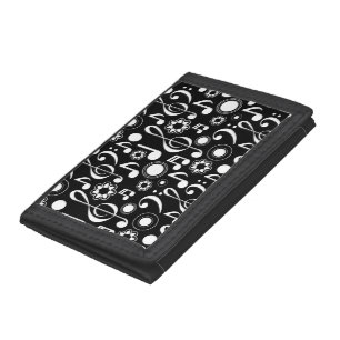 Music Notes and Clefs - White on Black Tri-fold Wallet