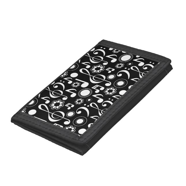 Music Notes and Clefs - White on Black Tri-fold Wallet (Bottom)