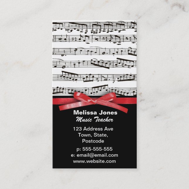 Music notes and faux red ribbon bow business card (Front)