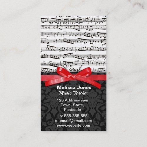 Music notes and faux red ribbon business card